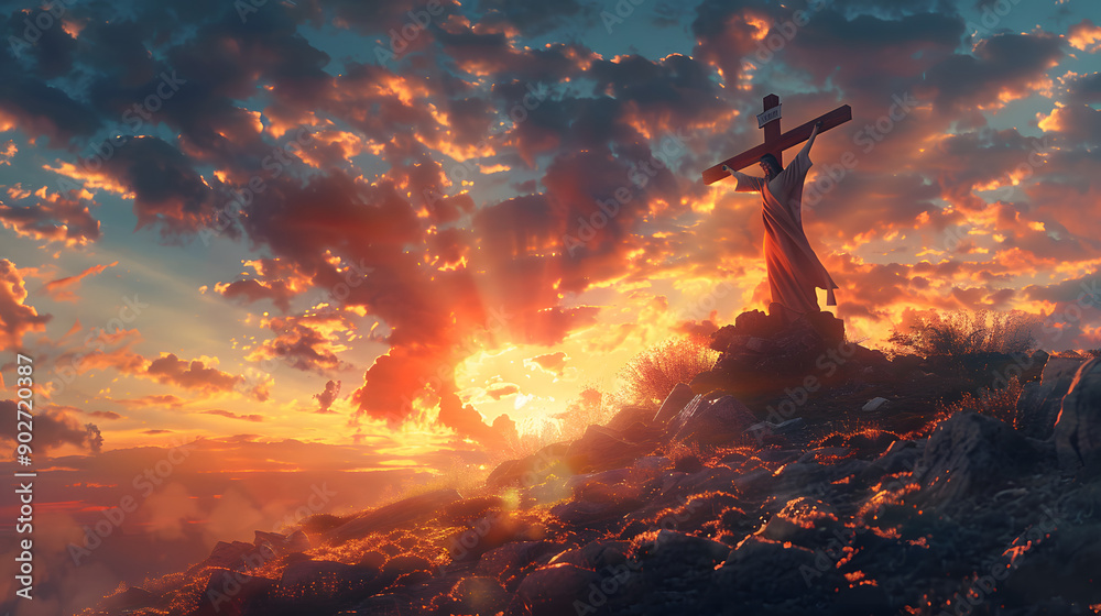 A beautiful sunset scene over a hill adorned with a cross and blooming flowers, symbolizing peace and serenity. A beautiful sunset scene over a hill adorned with a cross and blooming flowers, symbolizing peace and serenity.