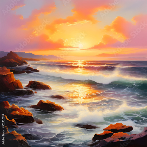 A breathtaking sunset paints the sky in vibrant hues of orange and pink, casting a warm glow on the crashing waves and rugged coastline. photo