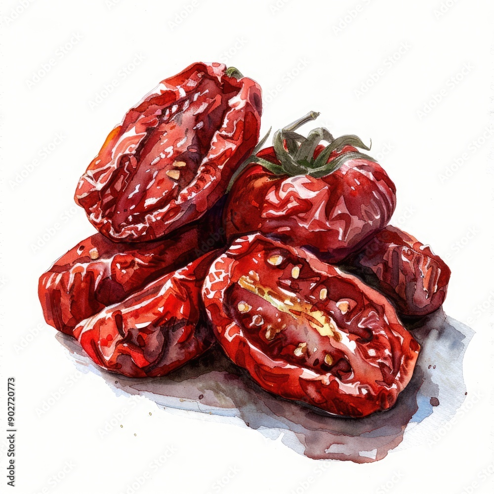 Tasty Sun-Dried Tomato Stack for Cooking. Hand-drawn Watercolor Illustration on White Background Tasty Sun-Dried Tomato Stack for Cooking. Hand-drawn Watercolor Illustration on White Background