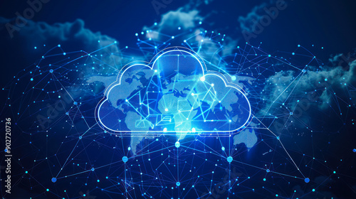 Digital cloud on in neon lights. Serverless technology on hybrid cloud network with modern digital infrastructure equipment. Concept Serverless Technology, Digital Infrastructure, web storage