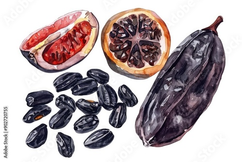 Wallpaper Mural Tantalizing Tonka Bean and Fruit Collection. Watercolor Hand Drawn Illustration of Fragrant Ingredients on White Background Torontodigital.ca