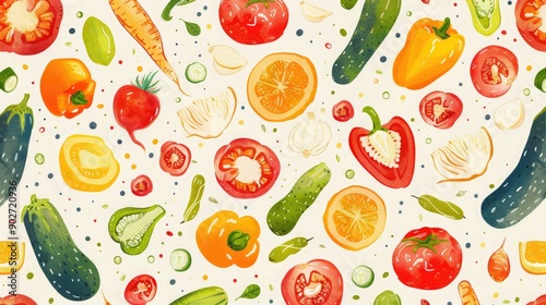 Colorful and fun seamless pattern of different vegetable slices and whole vegetables.