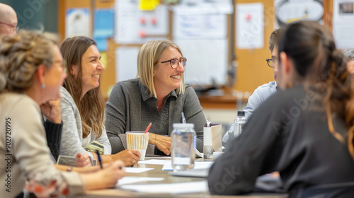 of teachers collaborating in a faculty meeting
