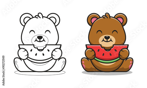 Cute bear eating watermelon cartoon coloring pages