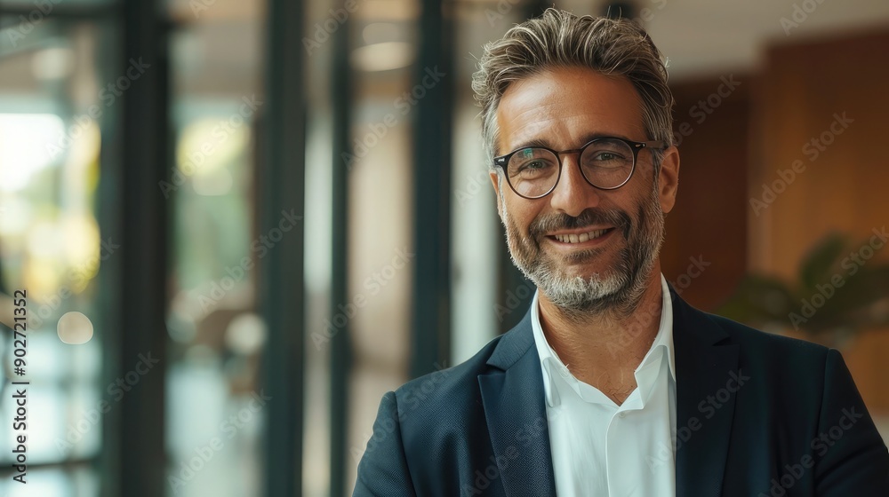 Businessman smiling, ready for a handshake. Blank space on the left for text or logos. Businessman smiling, ready for a handshake. Blank space on the left for text or logos.