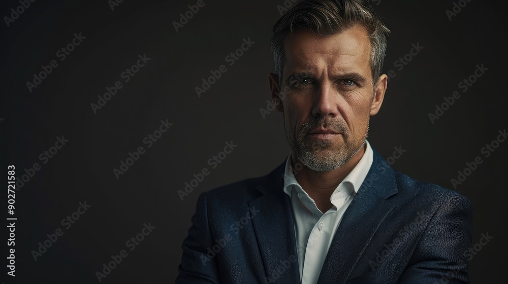 Businessman with a serious expression, looking focused. Copy space on the right for text or branding. Businessman with a serious expression, looking focused. Copy space on the right for text or branding.
