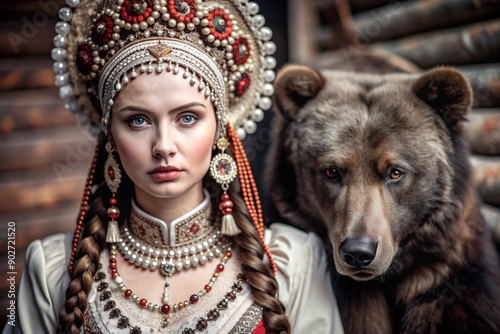 A beautiful girl in a traditional Russian national costume. Against the background of a live bear. The portrait symbolizes the traditions and beauty of the Russian people. photo