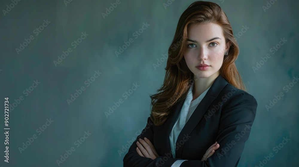 Businesswoman in a suit, confidently looking at the camera. Copy space on the left for text or branding. Businesswoman in a suit, confidently looking at the camera. Copy space on the left for text or branding.