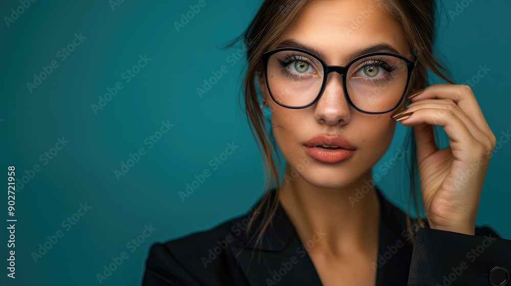 Businesswoman with a serious look, adjusting her glasses. Copy space on the right for additional content. Businesswoman with a serious look, adjusting her glasses. Copy space on the right for additional content.