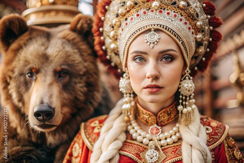 A beautiful girl in a traditional Russian national costume. Against the background of a live bear. The portrait symbolizes the traditions and beauty of the Russian people. photo