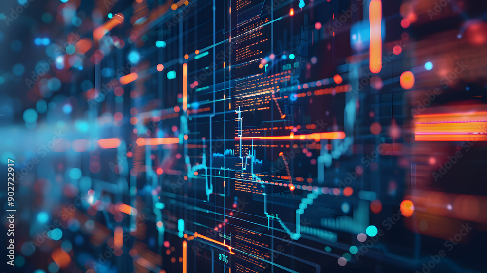 Fototapeta premium An abstract digital visualization displaying data points and network grid lines, representing complex information systems and technological analysis in a modern style.