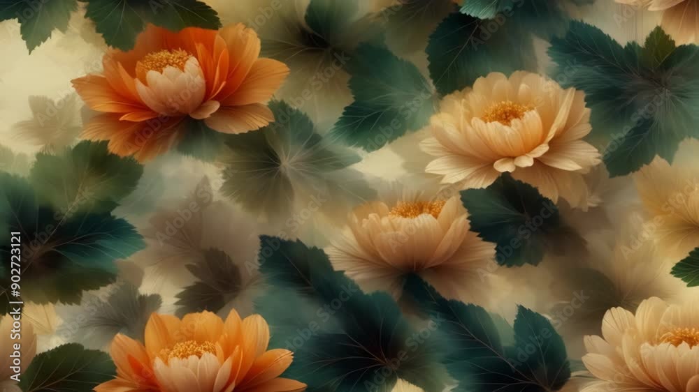 Blooming white and red flowers, floral pattern looping background