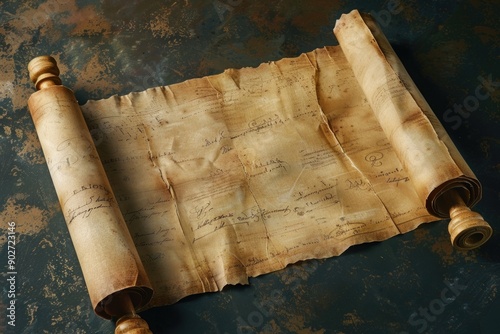 A worn-out scroll with ancient text lying on a table, ready for study or research photo