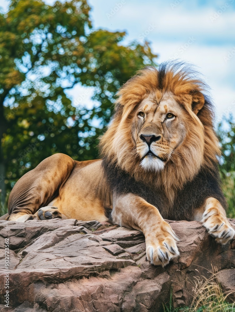 Majestic lion resting on a rock in natural habitat with lush surroundings. Majestic lion resting on a rock in natural habitat with lush surroundings.