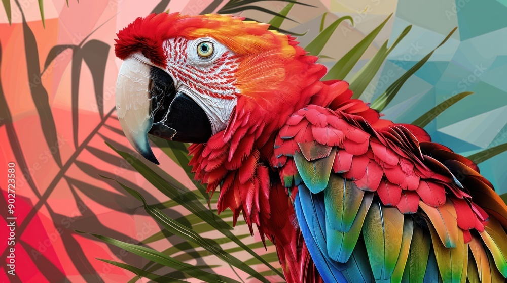 Obraz premium Green-winged Macaw with Tropical Leaves Drawing for a Primary School Reading Book