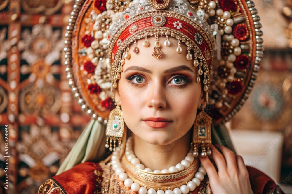 A beautiful girl in a traditional Russian national costume. The portrait symbolizes the traditions of Russia and the beauty of the Russian people. A beautiful girl in a traditional Russian national costume. The portrait symbolizes the traditions of Russia and the beauty of the Russian people.