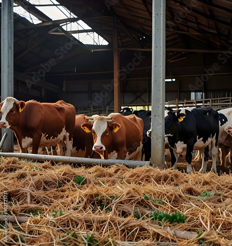 Group of cows at cowshed eating hay or fodder on dairy farm.