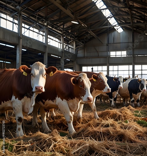 Group of cows at cowshed eating hay or fodder on dairy farm.