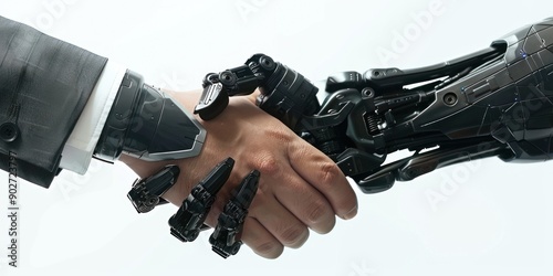 Robot and human shaking hands, close-up view shown.