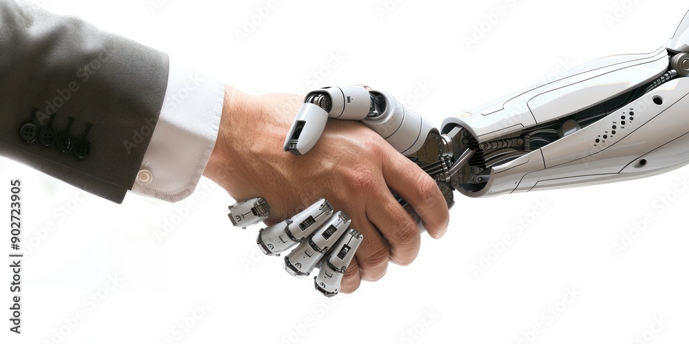 Human and robotic handshake symbolizing tech harmony