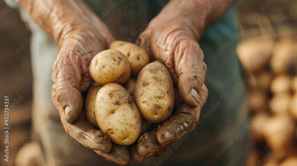 A farmer's hands holding fresh potatoes covered in soil, exemplifying the hard work and dedication involved in cultivating produce in an agricultural environment. A farmer's hands holding fresh potatoes covered in soil, exemplifying the hard work and dedication involved in cultivating produce in an agricultural environment.
