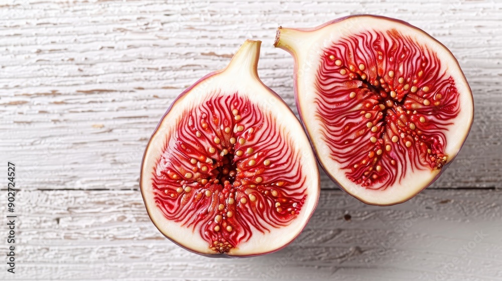 This image showcases a close-up view of a halved fig, highlighting its vibrant red interior and delicate seeds, placed on a rustic wooden surface. This image showcases a close-up view of a halved fig, highlighting its vibrant red interior and delicate seeds, placed on a rustic wooden surface.