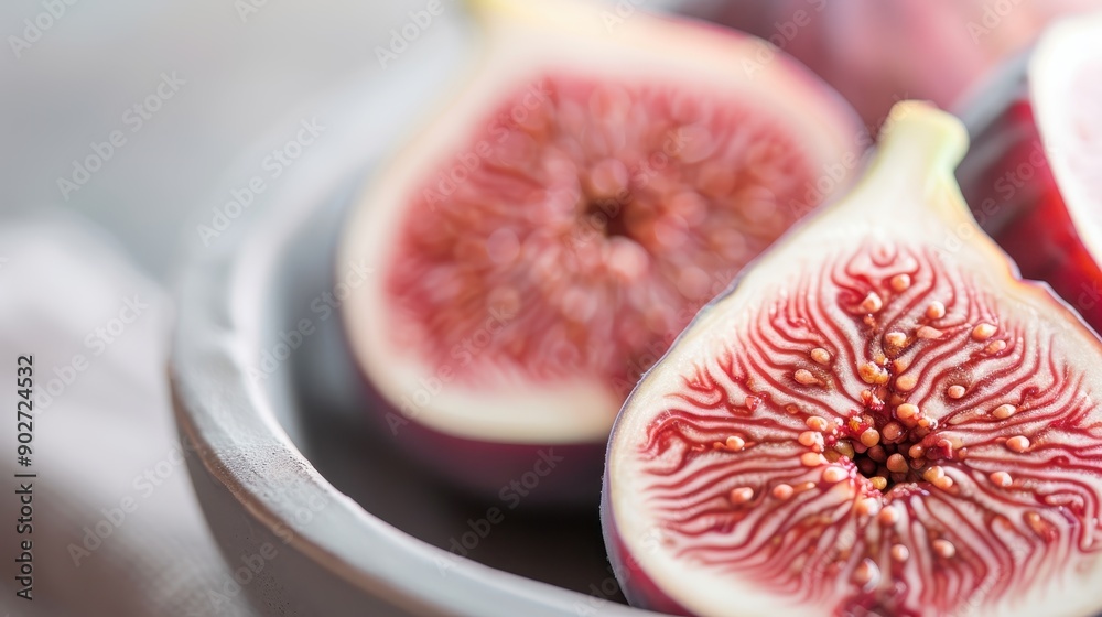 Two freshly cut figs with their detailed and intricate insides showing are placed in a white ceramic bowl, highlighting the rich colors and patterns of the fruit. Two freshly cut figs with their detailed and intricate insides showing are placed in a white ceramic bowl, highlighting the rich colors and patterns of the fruit.