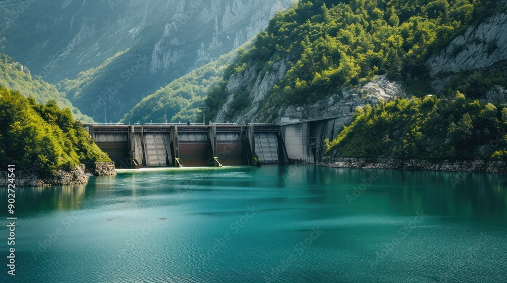 Fototapeta premium Modern hydropower infrastructure blending with natural landscape