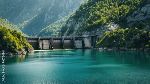 Modern hydropower infrastructure blending with natural landscape