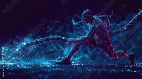 Digital Athlete Pulling a Rope Made of Digital Connections