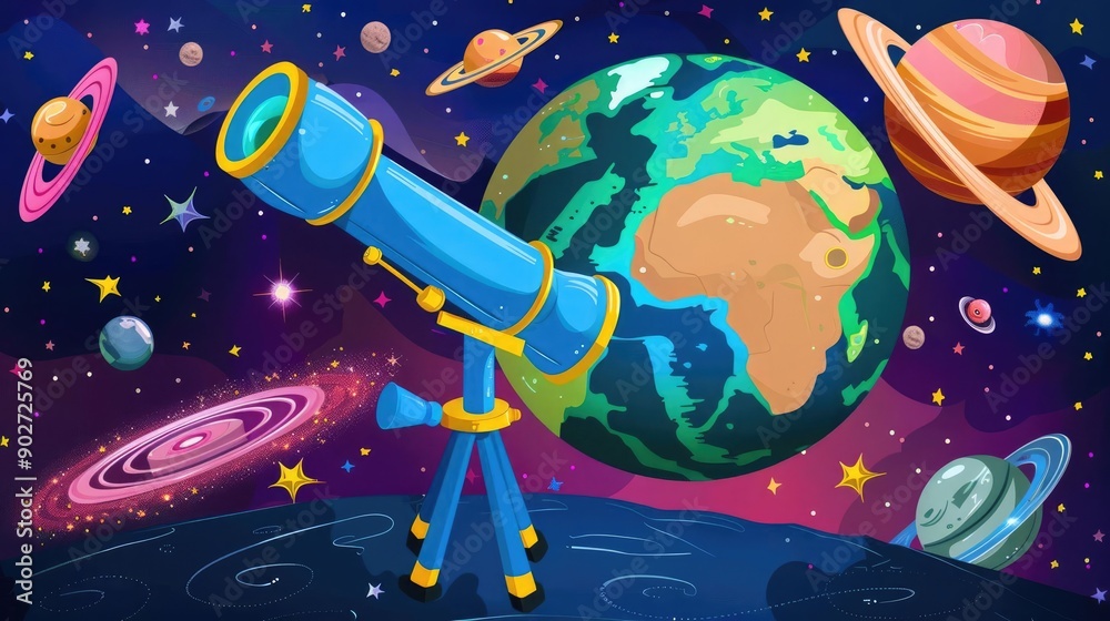 Obraz premium Cute cartoon Earth with animated telescope, exploring vibrant galaxies, fun space scene