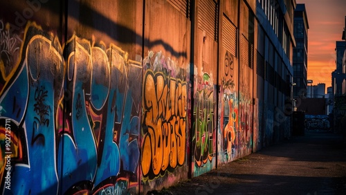 Vibrant graffiti art in a sunsetlit urban alleyway 