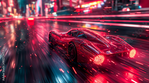 high-speed car race through a futuristic, neon-lit cityscape.