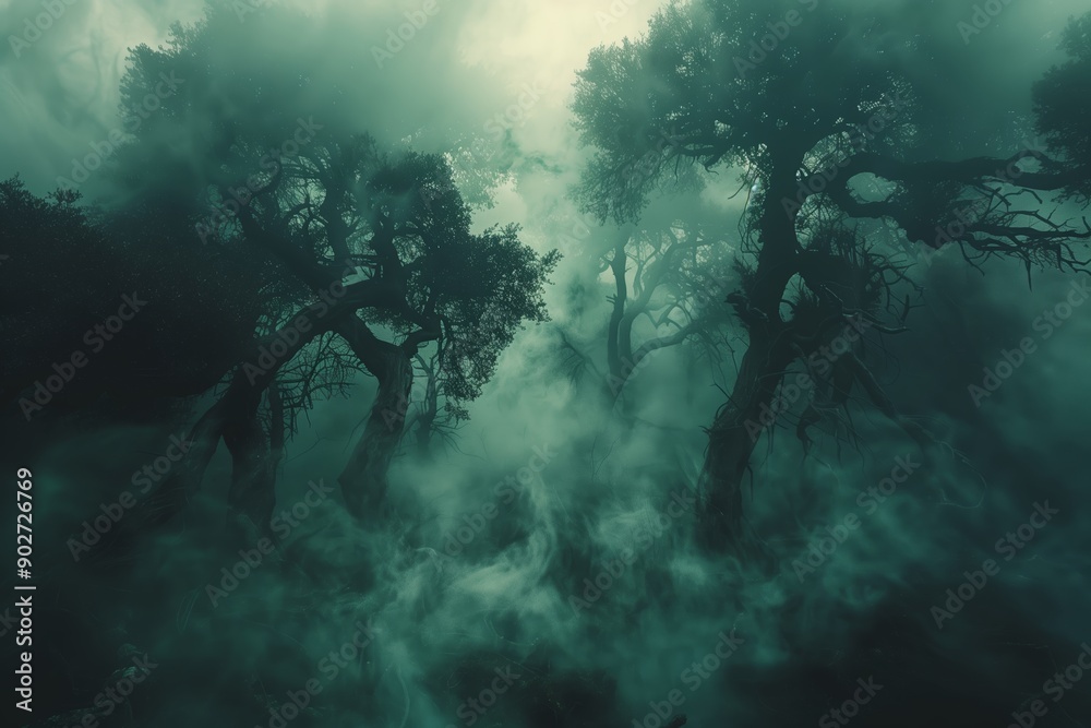 Mysterious Fog Envelops Ancient Trees in Enchanted Forest at Dusk Mysterious Fog Envelops Ancient Trees in Enchanted Forest at Dusk
