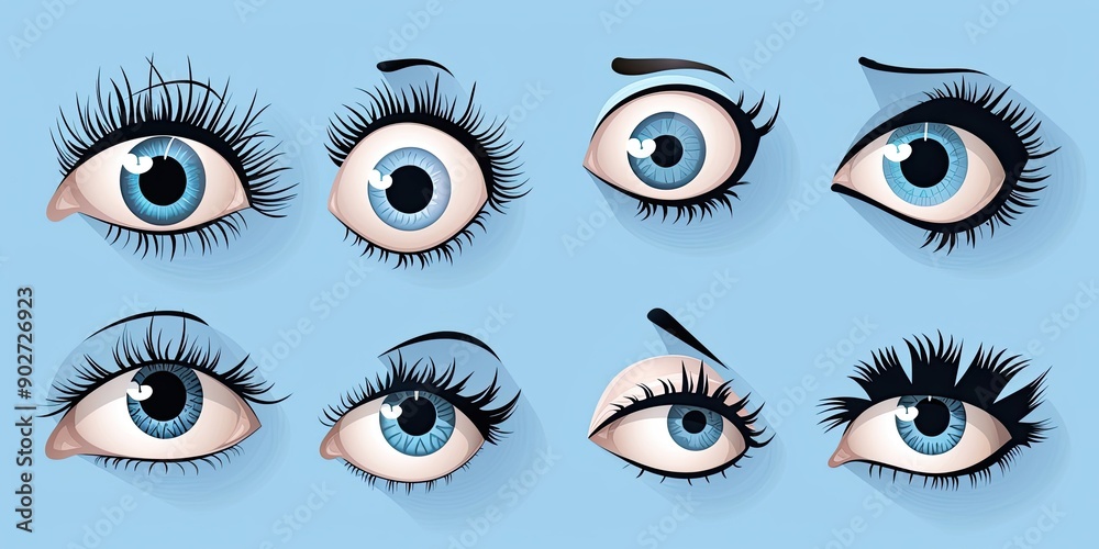 set of different retro cartoon funny eyes with eyelashes isolated on blue background set of different retro cartoon funny eyes with eyelashes isolated on blue background
