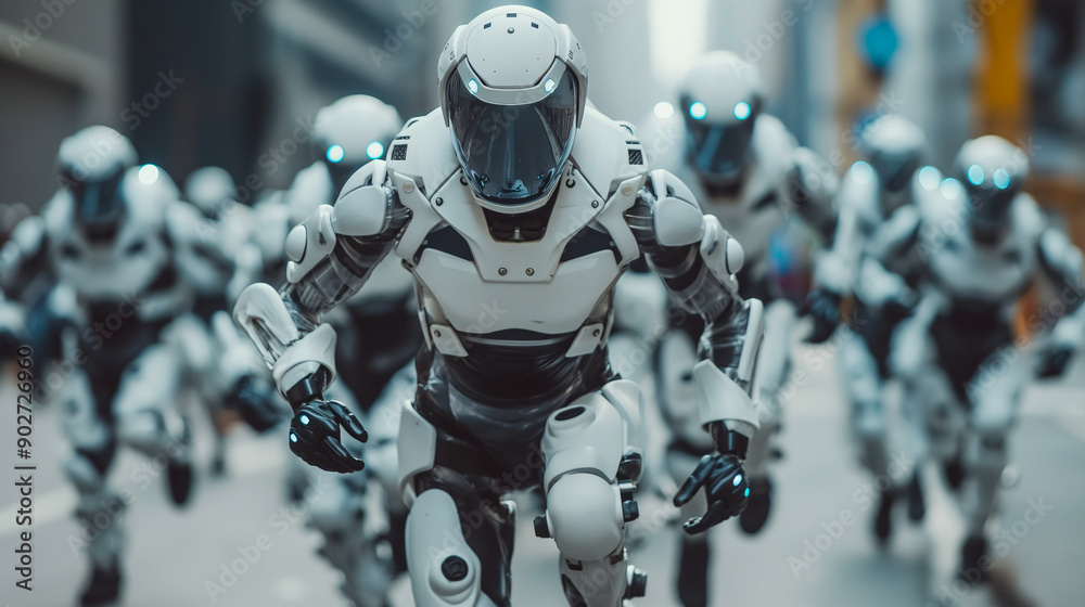 Athletes in exoskeleton suits competing in a high-intensity obstacle course. Athletes in exoskeleton suits competing in a high-intensity obstacle course.