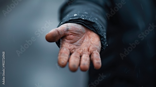 A close-up view of an open hand extended outward, emphasized by a dark jacket sleeve, in a rainy outdoor environment, symbolizing help and vulnerability. photo