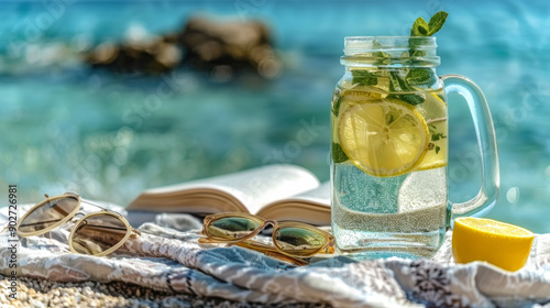 Fototapeta Naklejka Na Ścianę i Meble -  A glass of lemonade with a lemon slice in it sits on a beach towel next to a boo