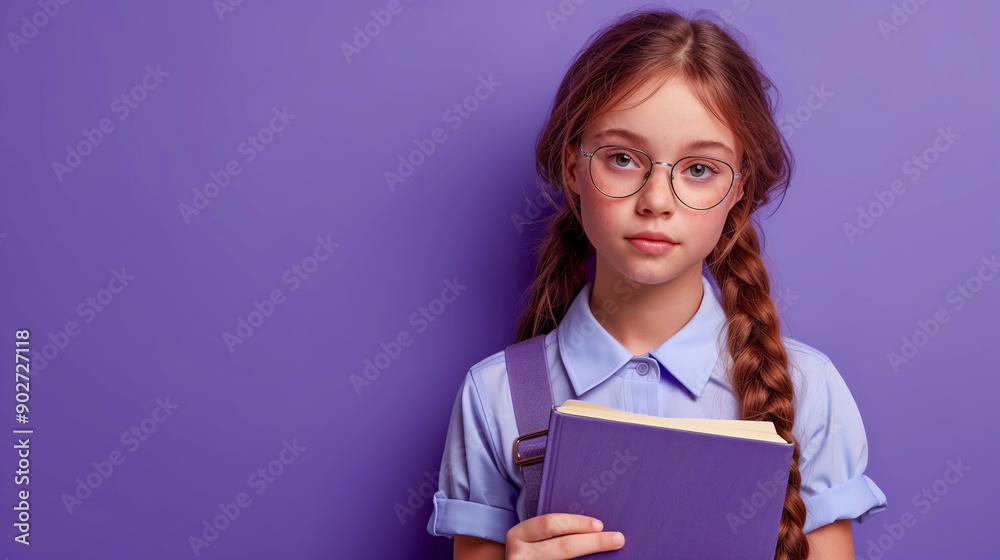 Photo of cute schoolgirl hold opened book wear uniform isolated on purple color background. Photo of cute schoolgirl hold opened book wear uniform isolated on purple color background.