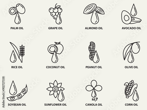 type of cooking oil outline icon set .vegetable oil vector pictogram line art label symbol