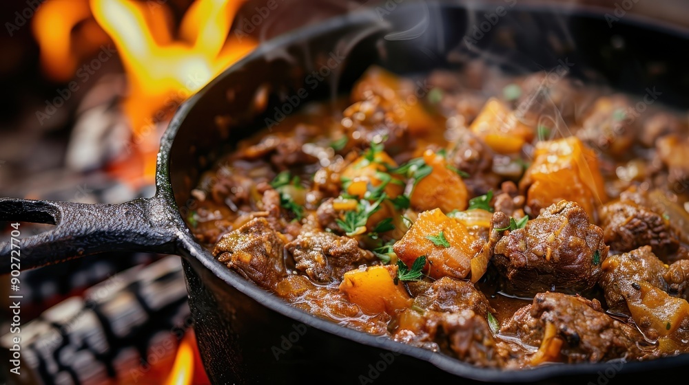 A hearty beef stew with vegetables cooking over an open fire, surrounded by culinary tools and ingredients, providing a sense of warmth and traditional cooking methods. A hearty beef stew with vegetables cooking over an open fire, surrounded by culinary tools and ingredients, providing a sense of warmth and traditional cooking methods.