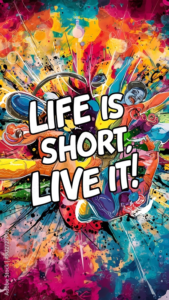 Obraz premium Life is short live it colorful background and text (T-shirt Design Motivational Quote, Illustration ,Typography)