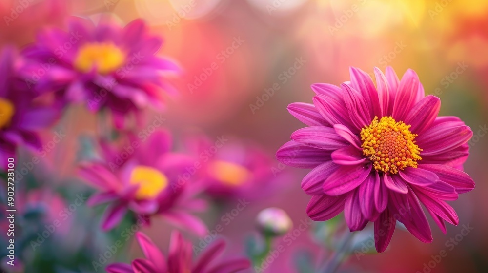 Vibrant red purple chrysanthemums with yellow centers on a blurred close up background Bright autumn blooms in the garden with space for copy Vibrant red purple chrysanthemums with yellow centers on a blurred close up background Bright autumn blooms in the garden with space for copy