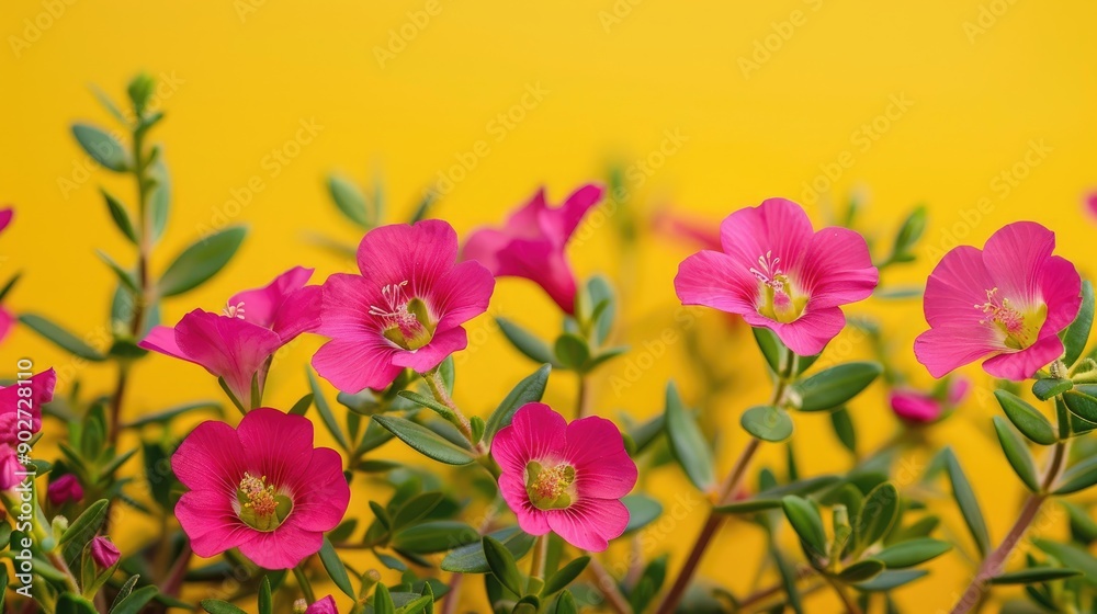 Vibrant purslane bloom against yellow backdrop Vibrant purslane bloom against yellow backdrop