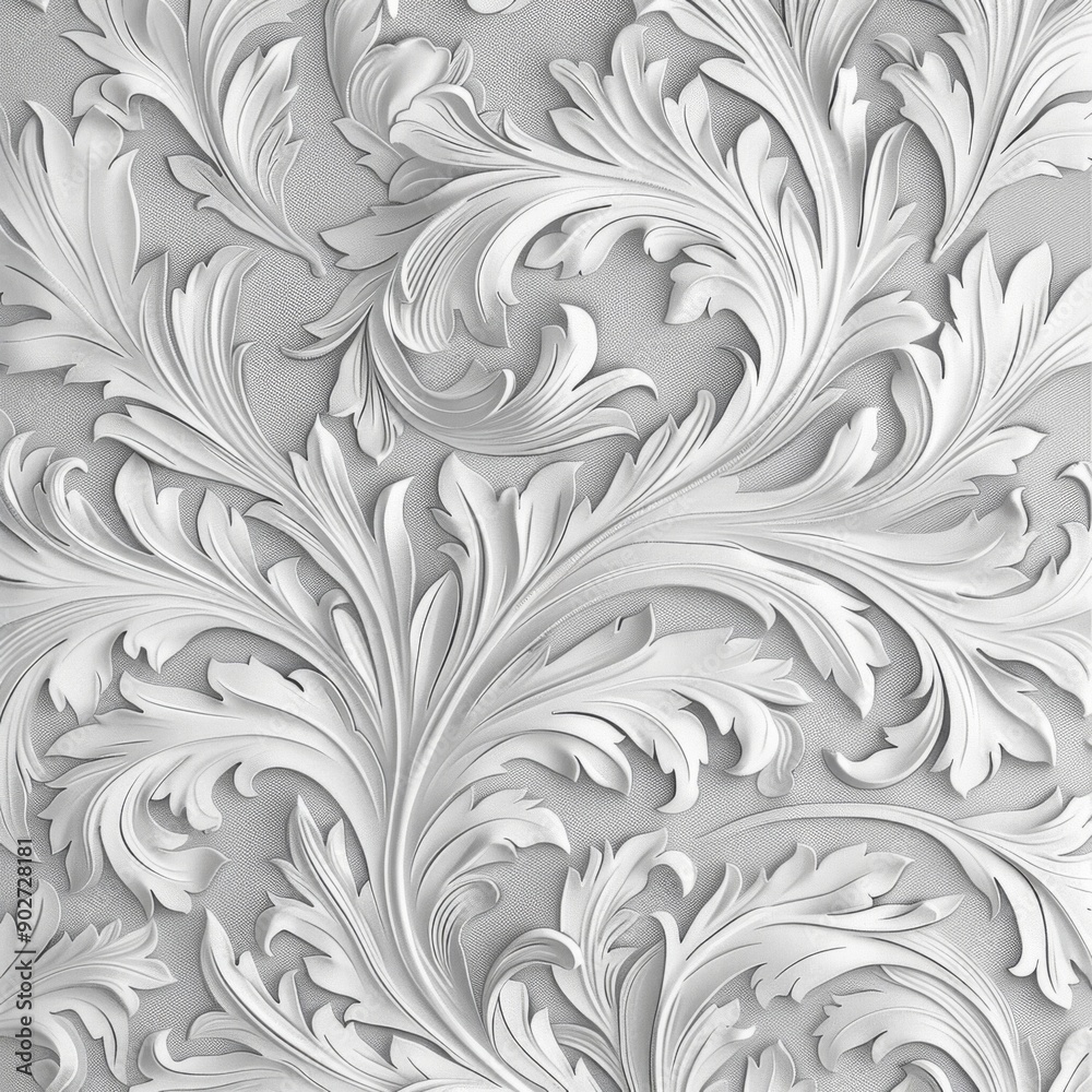 White relief floral pattern. Nature-inspired decoration. A pale grey acanthus pattern. Decorative carving White relief floral pattern. Nature-inspired decoration. A pale grey acanthus pattern. Decorative carving