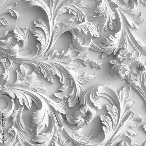 White relief floral pattern. Nature-inspired decoration. A pale grey acanthus pattern. Decorative carving