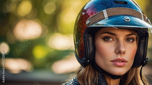 Woman in Reflective Helmet with Outdoor Background 