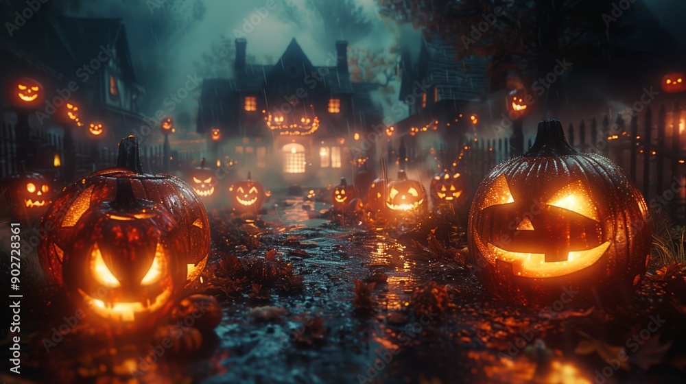 Enchanting Halloween Night With Glowing Pumpkins Lining A Spooky Pathway Near A Mysterious House Enchanting Halloween Night With Glowing Pumpkins Lining A Spooky Pathway Near A Mysterious House
