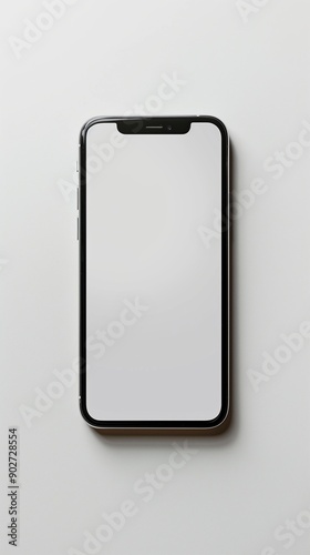 A mobile phone with white blank display screen sitting on a white isolated surface, smartphone mockup template design.