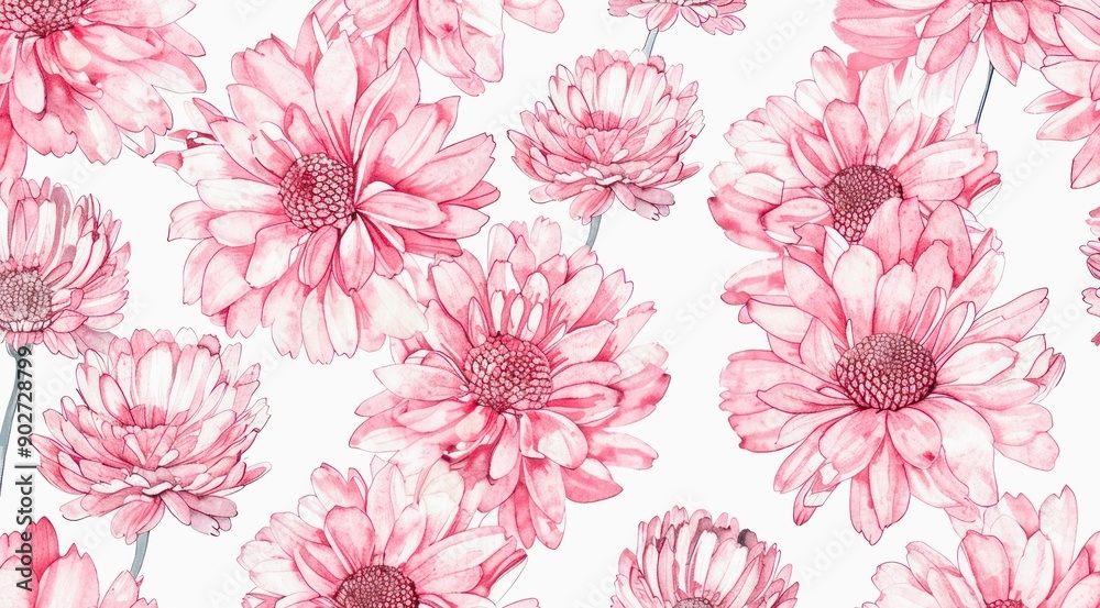 Obraz premium Pink chrysanthemums on white background, watercolor elegant floral pattern design.
